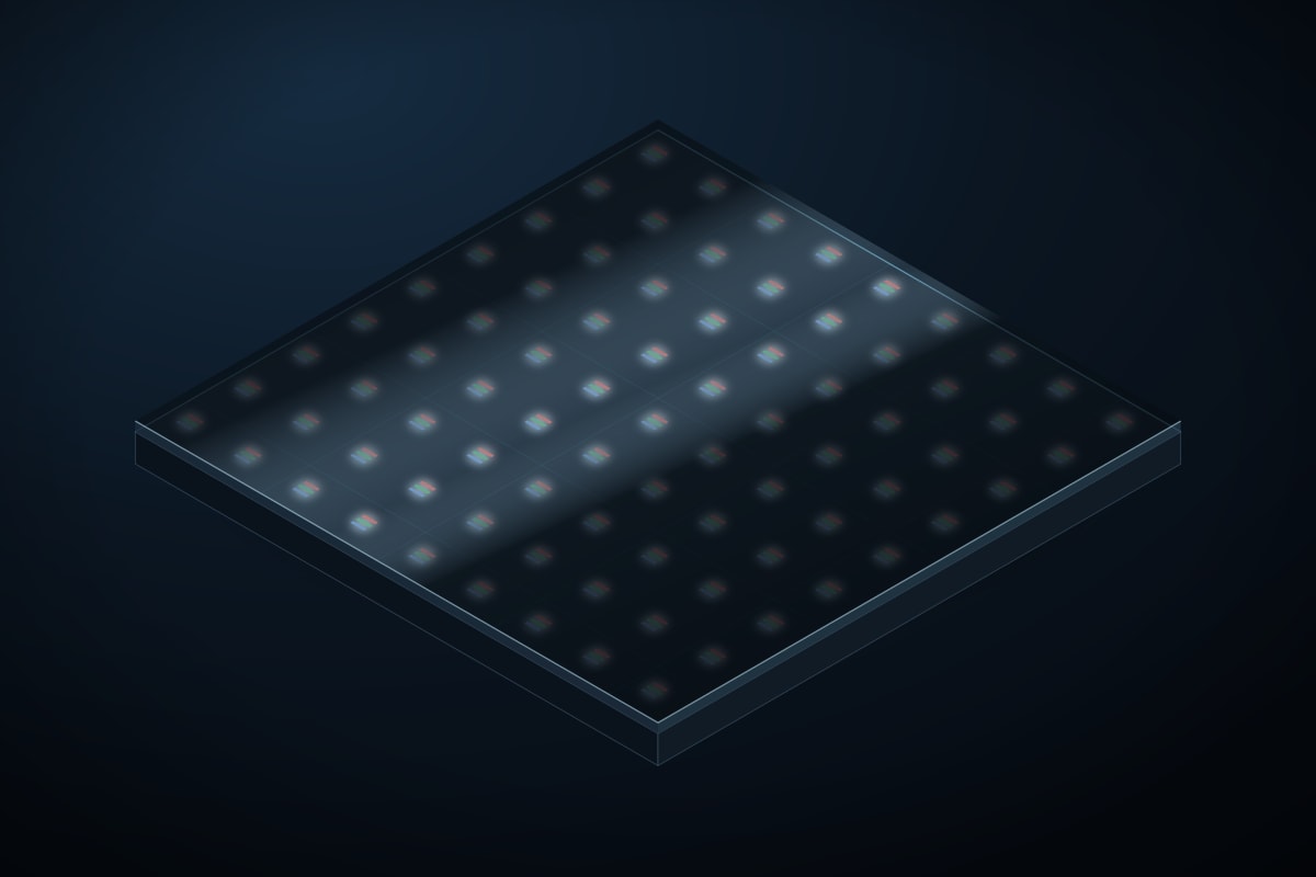 Isometric illustration of a COB module: the red, green and blue dies sit flush on the board and one continuous resin layer covers the whole surface, with nothing standing proud