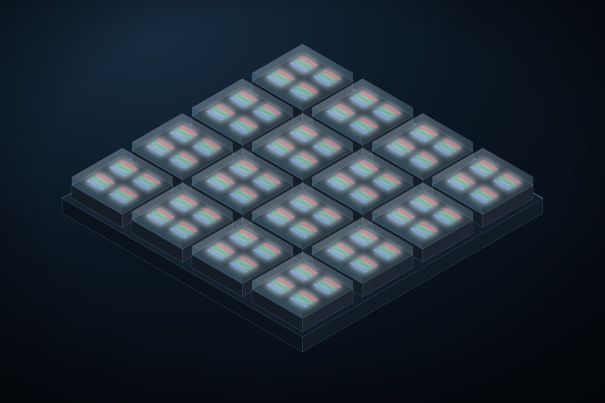 Isometric illustration of an IMD module: fewer, larger housings on the board, each holding four pixels under one shared lens