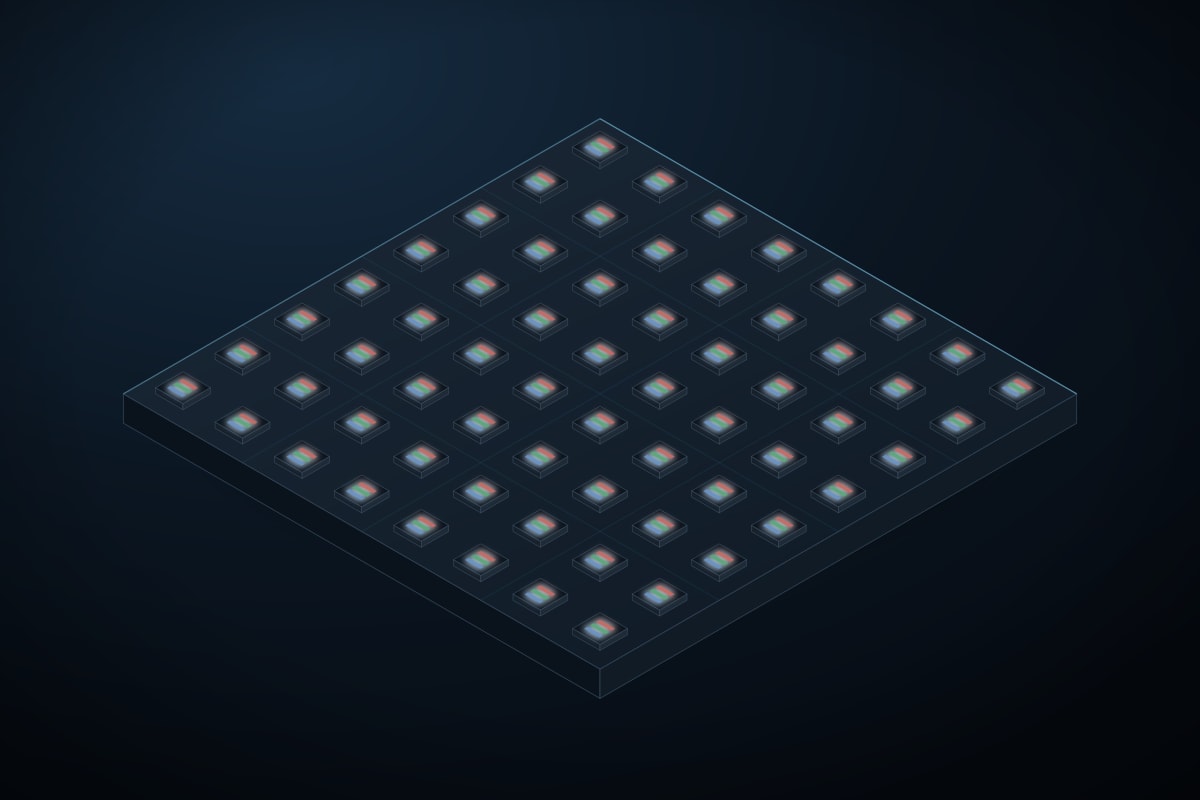 Isometric illustration of a MIP module: every pixel is one tiny package holding its red, green and blue micro LED dies, mounted on the board
