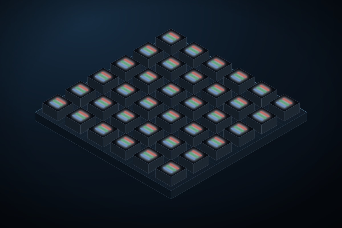 Isometric illustration of an SMD module: discrete LED packages standing proud of the board, each holding three separate red, green and blue dies